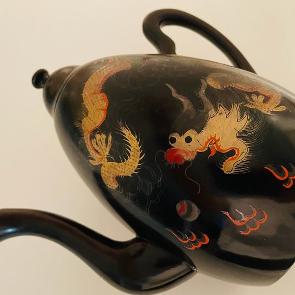 Shin Shao An Saeukee Foochow China Gold Dragon Ware Black Lacquer Teapot - Picture 4 of 12